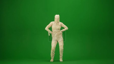 Photo for A mummy wrapped in bandages posing and looking into the camera. Green screen isolated chroma key. Mock up, workspace, advertisement. Full length. Halloween holidays. - Royalty Free Image