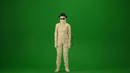 Photo for A mummy in a black hat and sunglasses poses looking at the camera. Green screen isolated chroma key. Mock up, workspace, advertisement. Full length. Halloween holidays. - Royalty Free Image