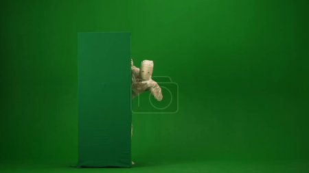 Photo for Green screen isolated chroma key photo capturing a mummy peeking from behind a green screen banner box and pointing at it. Full length. Mock up, workspace for your promotion clip or advertisement. - Royalty Free Image