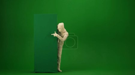 Foto de Pantalla verde aislada croma clave de la foto la captura de una momia mirando desde detrás de una caja de banner de pantalla verde y apuntando a ella. Longitud total. Prepárate, espacio de trabajo para tu clip de promoción o anuncio. - Imagen libre de derechos
