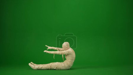 Foto de Fotografía de croma clave aislada en pantalla verde que captura a una momia levantándose con los brazos extendidos como si hubiera estado acostada en un sarcófago. Longitud total. Prepárate para tu clip de promoción o anuncio. - Imagen libre de derechos
