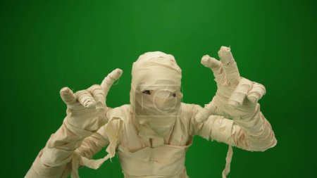 Photo for Green screen isolated chroma key photo capturing a mummy pulling hands towards the camera as if its trying to scare or grab something. Close up. Mock up for your promotion clip or advertisement. - Royalty Free Image