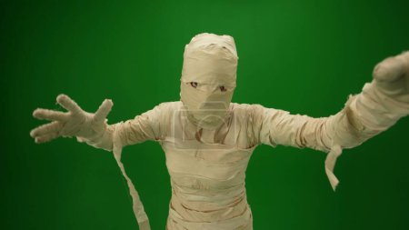 Photo for Green screen isolated chroma key photo capturing a mummy pulling hands towards the camera as if its trying to scare or grab something. Medium size. Mock up for your promotion clip or advertisement. - Royalty Free Image