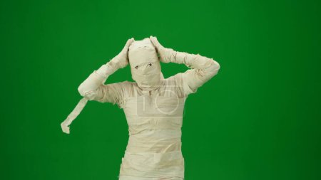Téléchargez les photos : Une momie enveloppée de bandages pose les mains sur la tête en regardant la caméra. Écran vert isolé clé chromatique. Maquette, espace de travail, publicité. Taille moyenne. Vacances d'Halloween. - en image libre de droit