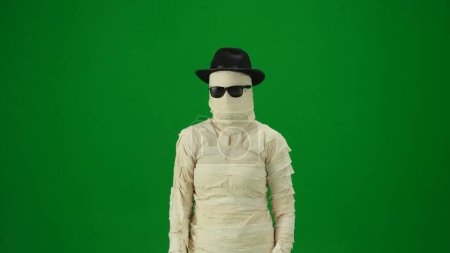 Photo for A mummy in a black hat and sunglasses poses looking at the camera. Green screen isolated chroma key. Mock up, workspace, advertisement. Medium size. Halloween holidays. - Royalty Free Image