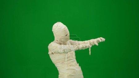 Photo for Green screen isolated chroma key half turn photo capturing a mummy outstretching its arms and as if its trying to scare. Medium size. Mock up, workspace for your promotion clip or advertisement. - Royalty Free Image