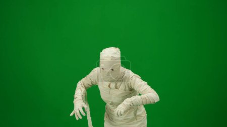 Photo for Green screen isolated chroma key photo capturing a mummy walking towards the camera with its arms crooked. Mock up, workspace for your promotion clip or advertisement. Medium size. - Royalty Free Image