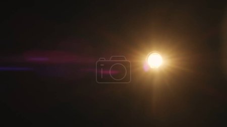 Photo for Cinematic lights reflections. Lens flare flashes effects on black background. Anamorphic lens flares advertisement template creative concept. Abstract overlay with bright spotlight with purple flares. - Royalty Free Image