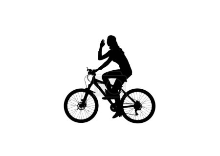 Foto de Actividad cotidiana y siluetas de ocio concepto creativo. Retrato de mujer en bicicleta. Silueta negra de niña montando una bicicleta y sosteniendo la mano hacia arriba, aislada en el canal alfa de fondo blanco. - Imagen libre de derechos