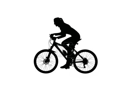 Photo for Everyday activity and leisure silhouettes creative concept. Portrait of female on a bicycle. Black silhouette of girl riding a bike in low bended position, isolated on white background alpha channel. - Royalty Free Image