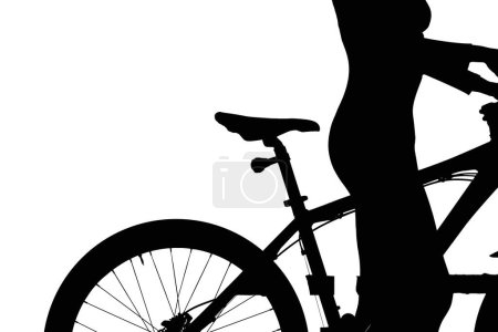 Photo for Leisure sports activity silhouettes concept. Portrait of female on a bicycle. Black silhouette girl standing with bike, close up of bicycle seat and body, isolated on white background alpha channel. - Royalty Free Image