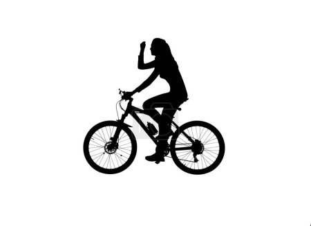 Foto de Actividad cotidiana y siluetas de ocio concepto creativo. Retrato de mujer en bicicleta. Silueta negra de la muchacha que monta una bici que sostiene el puño para arriba, aislado en el canal alfa del fondo blanco. - Imagen libre de derechos