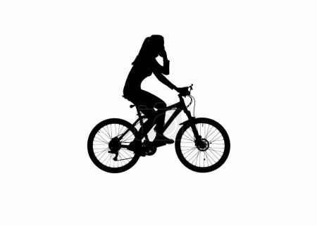 Photo for Everyday activity and leisure silhouettes creative concept. Portrait of girl on a bicycle. Black silhouette of female talking on smartphone riding a bike, isolated on white background alpha channel. - Royalty Free Image