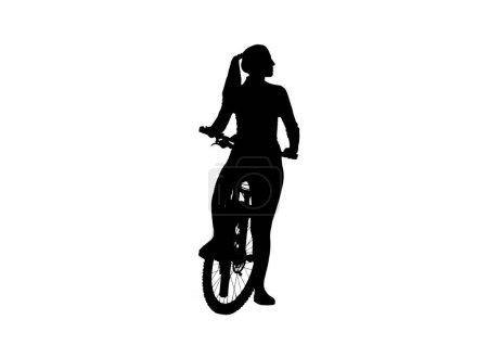 Foto de Actividad cotidiana y concepto de siluetas de ocio. Retrato de mujer en bicicleta. Vista frontal silueta negra de niña de pie con bicicleta, mirando al lado aislado sobre fondo blanco canal alfa - Imagen libre de derechos