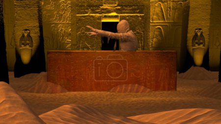 Photo for Egyptian pharaoh entombment. The mummy resurrecting, rising out of the sarcophagus, casket its arms outstretched. Full length. Halloween promotion clip or advertisement. - Royalty Free Image