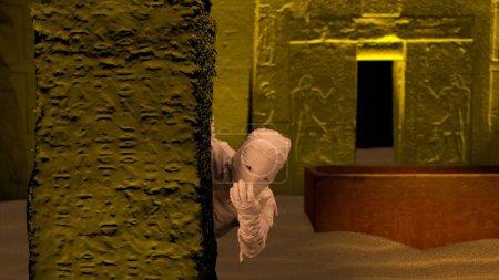 Foto de Enterramiento del faraón egipcio. La momia de miedo se está mostrando, mirando por detrás de una columna llamando a alguien para unirse con su mano. De tamaño medio. Clip de promoción o anuncio de Halloween. - Imagen libre de derechos