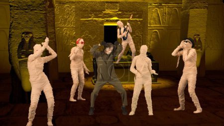 Photo for Egyptian pharaoh entombment. Four mummies are having fun there, dancing, singing, playing guitar and listening to music, some of them are wearing glasses and hats. Halloween promo clip or - Royalty Free Image