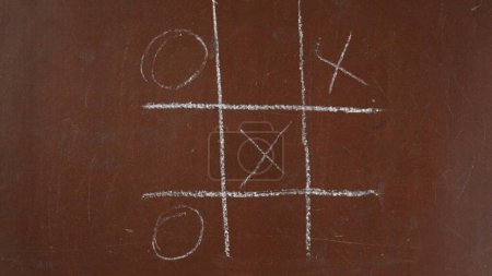 Photo for Textured brown chalkboard background. Unfinished game of tic-tac-toe, noughts aand crosses is on the board. Close up shot. Educational and creative content, school concept. - Royalty Free Image