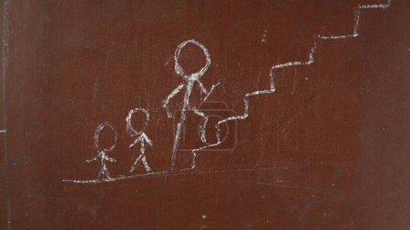 Photo for Textured brown chalkboard background. Three people climbing up the stairs are sketched on the board with a piece of white chalk. Close up shot. Educational and creative content, school concept. - Royalty Free Image