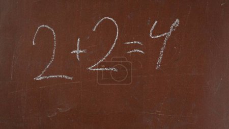 Photo for Textured brown chalkboard background. Addition equation is written on the board with a piece of white chalk. Close up shot. Educational and creative content, school concept. - Royalty Free Image