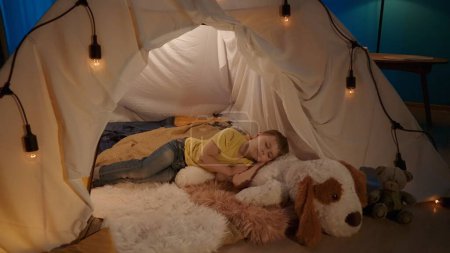 Téléchargez les photos : Un garçon dormant sur un grand jouet mou, un chien, au lieu d'un oreiller, sur des plaids de fourrure dans une tente, qui est installée dans le salon et éclairée de guirlandes. Portrait d'un enfant endormi gros plan - en image libre de droit