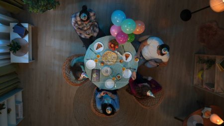 Photo for Family bonding and relationships concept. Scene in the apartment room. Top view of table with party food and drinks. Family and friends celebrating little girl birthday, everyone busy with gadgets. - Royalty Free Image