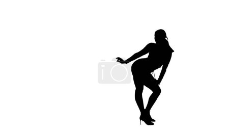 Téléchargez les photos : Sur la photo sur fond blanc il y a une femme dans une silhouette, elle porte des talons hauts. Montre un mouvement de danse, pose, légèrement plié en arrière. Elle est sexy, en plastique, mince. Cadre moyen. - en image libre de droit