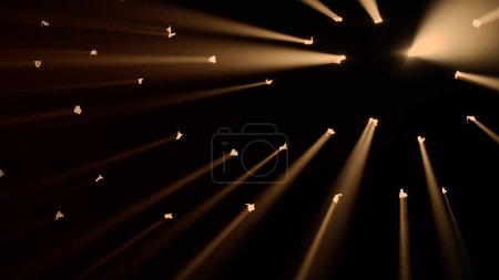 Photo for Stage lights technology creative concept. Close up shot of lights setup. Studio with black background, many dots with warm yellow rays of light shine through the surface, spotlights and searchlights. - Royalty Free Image