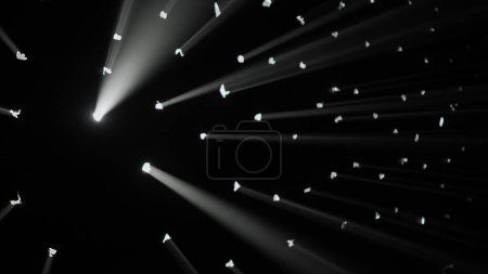 Photo for Stage lights technology creative concept. Close up shot of lights setup. Studio with black background, many dots white rays of light shine through the wall, spotlights and searchlights. - Royalty Free Image