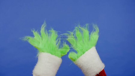 Foto de Las manos de pelo verde Grinchs sobre un fondo azul aislado. Cosplay secuestrador de regalos. Concepto de celebración de Navidad y Año Nuevo. Pantalla azul, croma key - Imagen libre de derechos