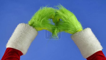 Photo for Green hairy hands showing heart sign with fingers on blue isolated background. Gift snatcher cosplay. Christmas and new year celebration concept. Blue screen, chroma key - Royalty Free Image
