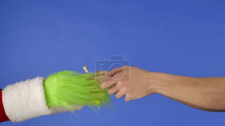Grinchs green haired hand hold a gift box and a mans hand takes it away on a blue isolated background. Gift Snatcher Cosplay. Christmas and New Year celebration concept. Blue screen, chroma key