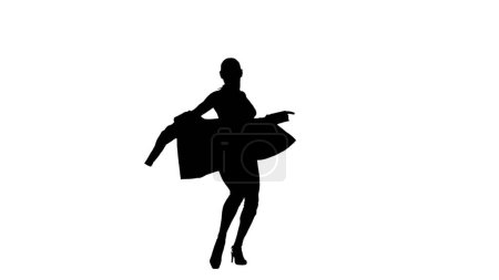 Foto de En la imagen sobre un fondo blanco en la silueta. Una mujer joven y delgada, demuestra movimientos de baile en la dirección de tacones altos. Lleva una chaqueta. Es rítmico, plástico. Marco medio. - Imagen libre de derechos