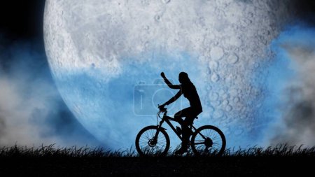 Photo for Silhouette of a girl riding a bicycle against the background of a blue moon. She raises her hand triumphantly - Royalty Free Image