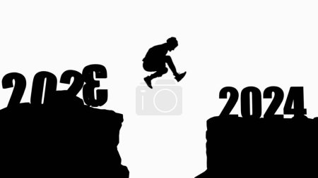 Foto de Silueta saltando sobre el acantilado 2024 sobre el precipicio con piedras. Concepto de Año Nuevo. 2023 cae en el abismo. Bienvenida 2024. La gente entra en el año 2024, idea creativa - Imagen libre de derechos