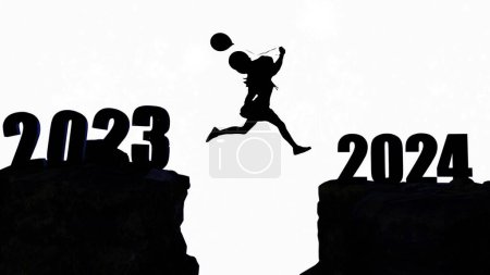 Photo for Silhouette Little girl jumping on cliff 2024 over the precipice with stones. New Years concept. 2023 falls into the abyss. Welcome 2024. People enters the year 2024, creative idea - Royalty Free Image