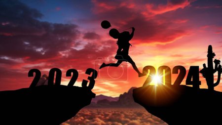 Photo for Man jumping on cliff 2024 over the precipice with stones at amazing sunset. New Years concept. Welcome 2024. People enters the year 2024, creative idea - Royalty Free Image