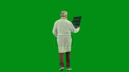 Téléchargez les photos : Santé et bien-être concept créatif. Portrait d'homme médecin en studio sur écran vert chromatique. Médecin principal en uniforme blanc marchant lisant une image radiographique tenant à la main. Vue arrière. - en image libre de droit