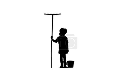 Photo for Farming and gardening creative concept. Portrait of farmer isolated on white background with alpha channel. Silhouette of little girl gardener in hat standing and holding rake and bucket. - Royalty Free Image