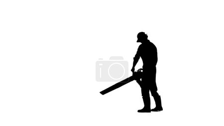 Photo for Farming and gardening creative concept. Portrait of farmer isolated on white background with alpha channel. Silhouette of person gardener holding a leaf blower and cleaning the ground. - Royalty Free Image