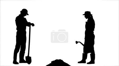 Photo for Farming and gardening creative concept. Portrait of farmer isolated on white background with alpha channel. Silhouette of man and woman with watering can and shovel looking at planted soil. - Royalty Free Image