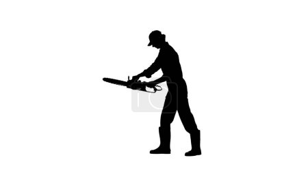 Photo for Farming and gardening creative concept. Portrait of farmer isolated on white background with alpha channel. Silhouette of person gardener standing and chopping wood with chainsaw. - Royalty Free Image