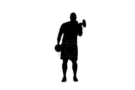 Photo for In the shot, a man stands in silhouette against a white background. He is an athlete, a bodybuilder. Demonstrates an exercise with dumbbells, lifts them. He is facing the camera in full face. - Royalty Free Image