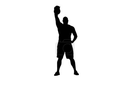 Photo for In the shot, a man stands in silhouette against a white background. He is an athlete, a bodybuilder. Demonstrates an exercise with a kettlebell, holding it above him. He is standing in full face. - Royalty Free Image