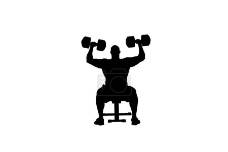 Photo for In the shot, a man stands in silhouette against a white background. He is an athlete, a bodybuilder. Demonstrates the exercise sits on a bench, lifting dumbbells. He looks at the camera in full face. - Royalty Free Image