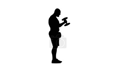 Photo for In the shot, a man stands in silhouette against a white background. He is an athlete, a bodybuilder. Demonstrates an exercise with dumbbells, lifts them. He stands sideways to the camera in profile. - Royalty Free Image