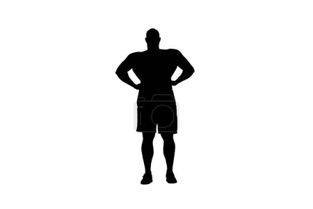Photo for In the shot, a man stands in silhouette against a white background. He is an athlete, bodybuilder, bodybuilder. Demonstrates his body, biceps and muscles. He looks at the camera with his arms folded. - Royalty Free Image