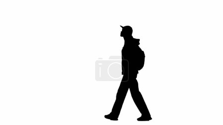 Photo for Traveling creative airport advertisement concept. Portrait of traveler isolated on white background alpha channel. Silhouette of woman walking with backpack in cap and looking around. - Royalty Free Image