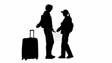 Photo for Traveling creative airport advertisement concept. Portrait of traveler isolated on white background alpha channel. Silhouette of girl greeting man with suitcase in airport, happy expression. - Royalty Free Image