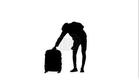 Photo for Traveling creative airport advertisement concept. Portrait of traveler isolated on white background alpha channel. Silhouette of man holding suitcase and taking out holder. - Royalty Free Image